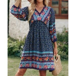 BTFBM V-Neck Long Sleeve Midi Dress in Blue & Red Floral Paisleys Print Size L